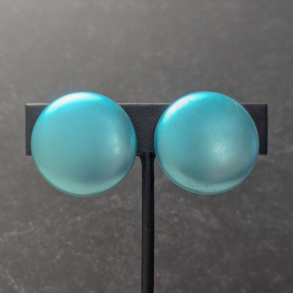 Vintage Clip On Earrings Teal/Turquoise Tone Retro Button Style Circle - Japan